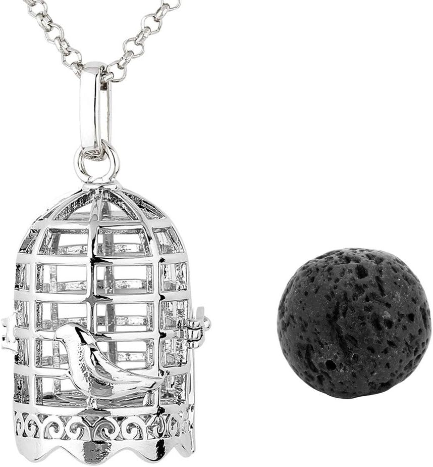 Jovivi Lava Stone Aromatherapy Essential Oil Diffuser Necklace Silver Birdcage Locket Pendant