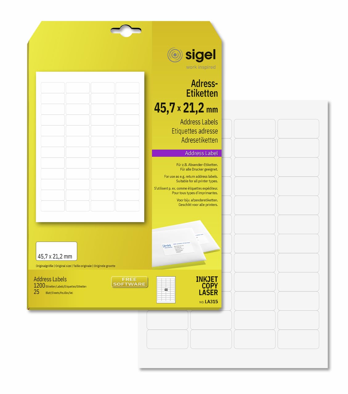 SIGEL LA315 Universal Address Labels, 4.57 x 2.12 cm, 1200 lbl equal to 25 sheets, White