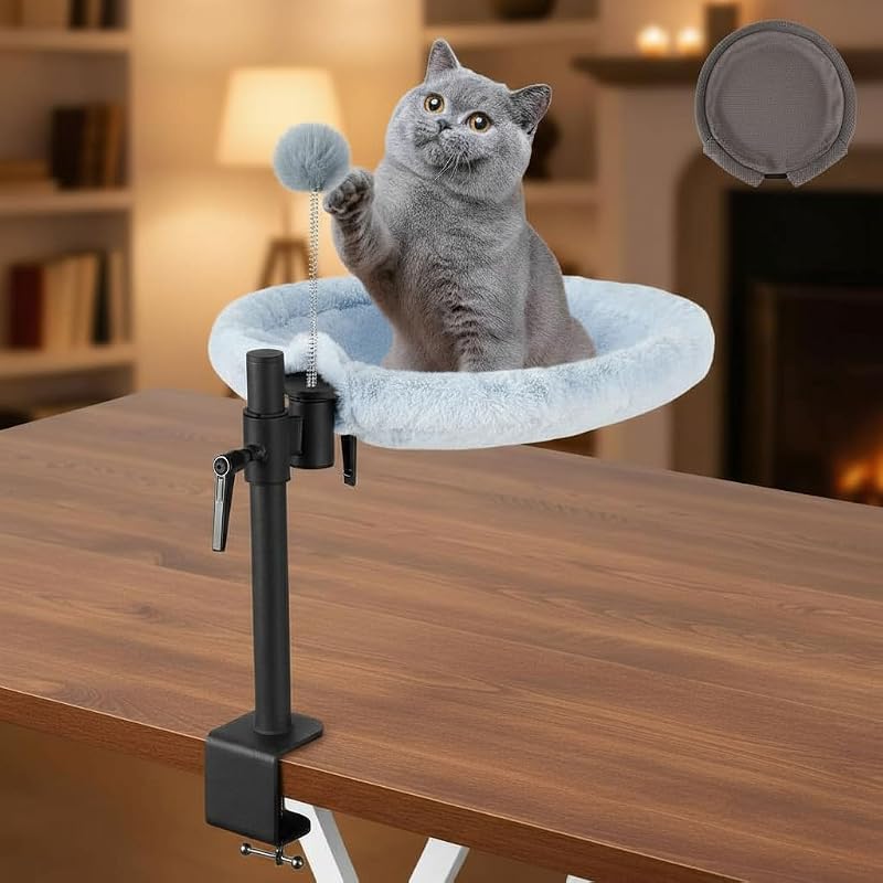 Lit de Bureau pour Chat - Rotation à 360° réglable en Hauteur - Hamac pour Chat d'intérieur avec Maille et Tissus lavables en Peluche (Blanc)