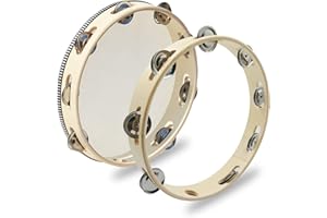 2 pcs 10 inch Tambourine, DaKuan Tambourines for Adults and Tambourine Ring, Metal Bell, Percussion Musical Instruments, Hand Drum, Music Education, Party, KTV(Wooden Single Row)