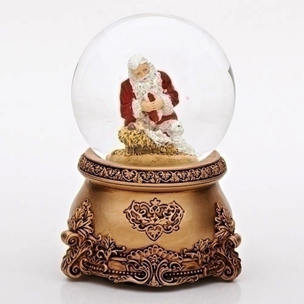 Snow Globes - Kneeling Santa Filigree 80MM Musical Glitterdome Plays Tune O Come All Ye Faithful
