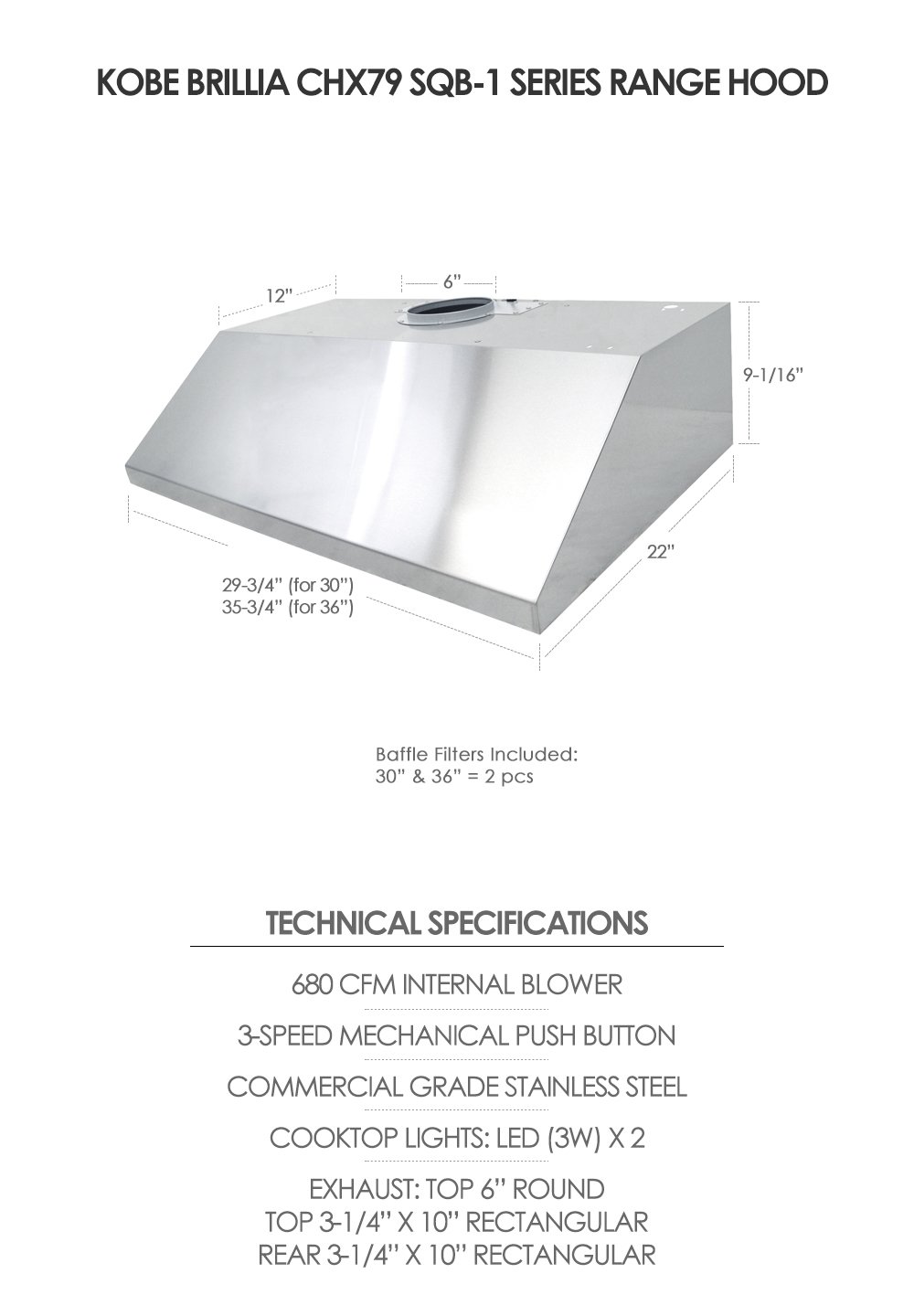 KOBE CHX7936SQB1 Brillia 36inch Under Range Hood, 3Speed