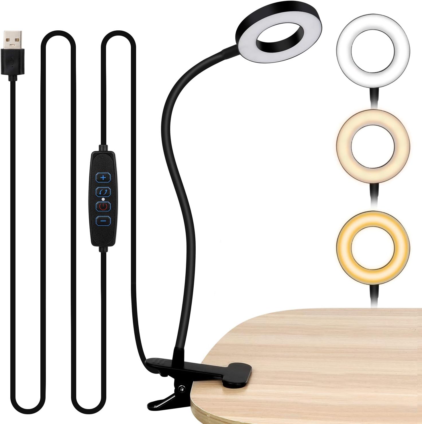 LEDIKON Clip On Light Reading Light Lamp,48 LED Dimmable Gooseneck Clamp Desk Light,3 Light Color Options Clip On Ring Light for Books in Bed Headboard Computer Laptop Webcam Zoom Streaming
