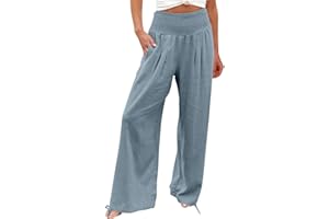 Womens Cotton Linen Pants High Waisted Flowy Wide Leg Elastic Waist Palazzo Dressy Casual Lightweight Long Trousers
