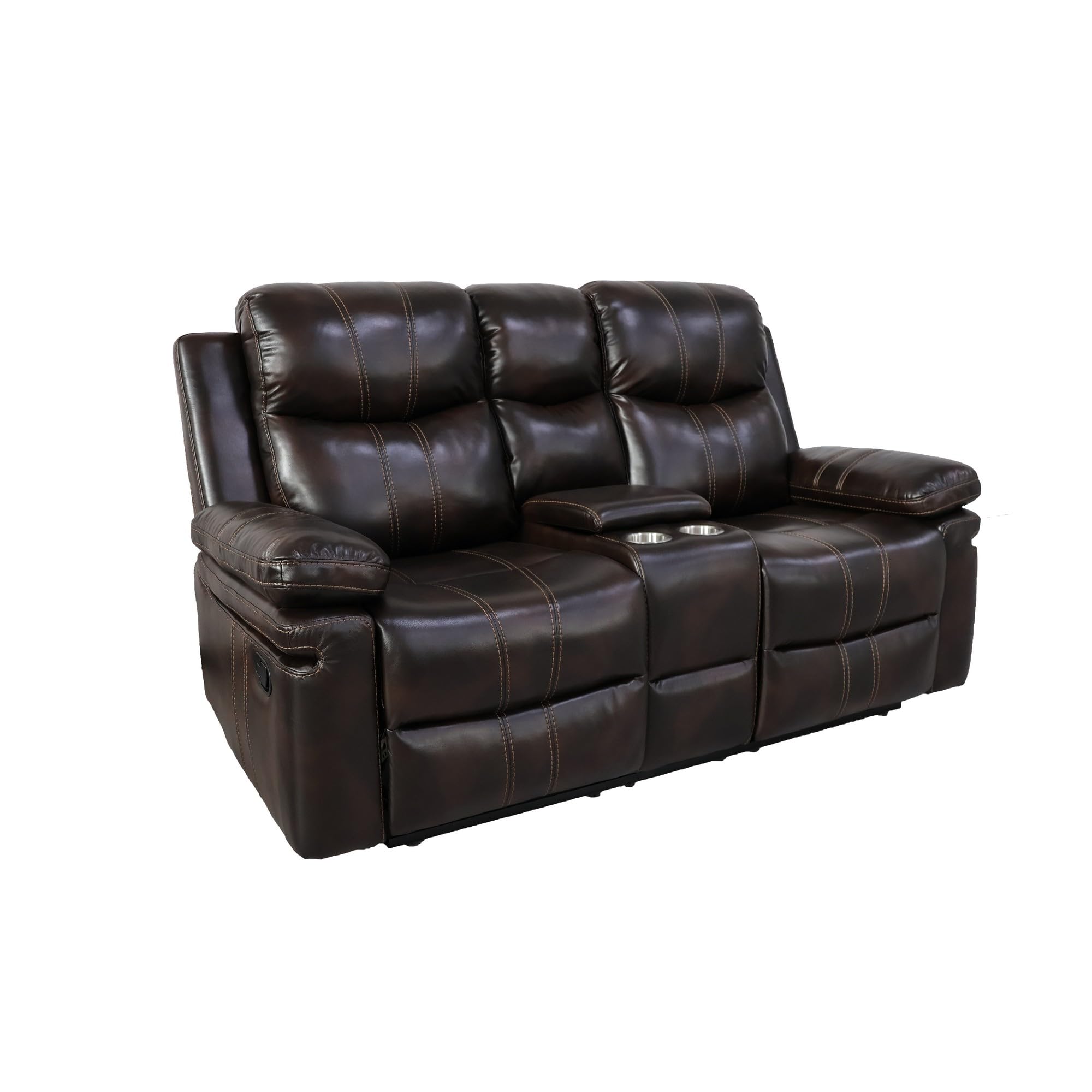 Photo 1 of Benjara Linden 70 Inch Loveseat with Power Recliners, Console, Faux Leather, Brown and Silver