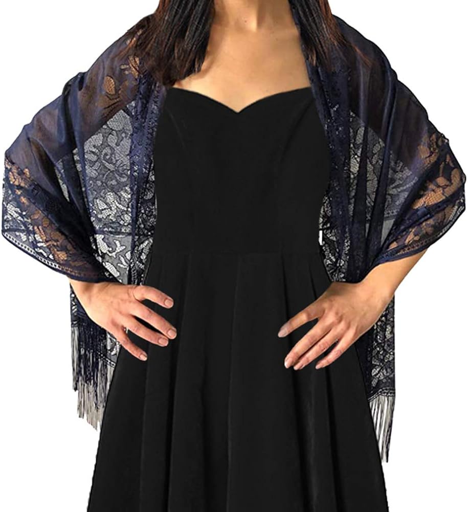 Ladiery Women's Floral Lace Scarf Shawl with Tassels, Soft Mesh Fringe Wraps for Wedding Evening Party Dresses