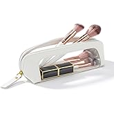LETGO Clear Makeup Bag Pouch Small, Leather Portable Makeup Brush Bag Organizer Pouch Lipstick Bag Transparent Waterproof Cosmetic Pouch Purse (Slim Beige)