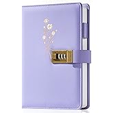 Ovesmusl Diary with Lock for Girls A5 Leather Diary for Women 260 Pages 100 GSM Refillable Journal with Lock for Teens Secrets Flower Journals with Combination Passwords, 5.7"x8.3", Purple