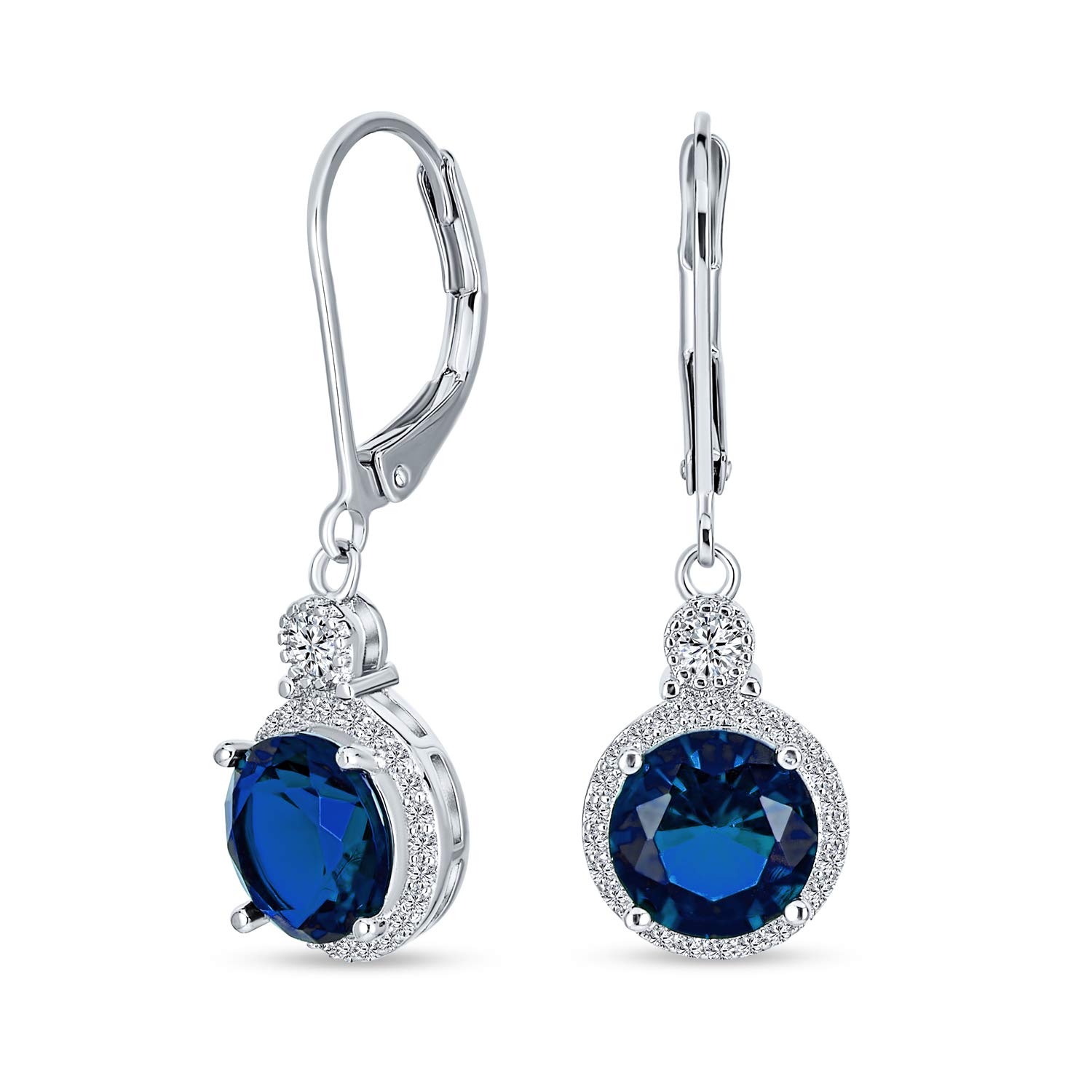 3.5CT Blue Round Solitaire Halo CZ Leverback Dangle Earrings Simulated Sapphire Cubic Zirconia Rhodium Plated Brass