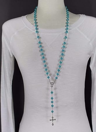 Amazon Co Jp ターコイズガラスビーズ ロザリオ シルバー クロス 長さ30インチ 人工パール ファッションジュエリー レディース メンズ ホーム キッチン