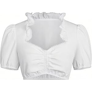 IIBOOYYE Women German Dirndl Blouse Bavarian Oktoberfest Costume Crop Tops | Dirndl Top, Ruffled Neckline, Lace Trim, Pairs w