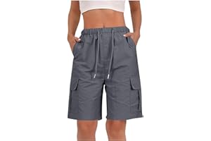 Oplxuo Cargo Shorts Women High Waisted Drawstring Wide Leg Knee Length Bermuda Shorts Summer Casual Loose with 4 Pockets