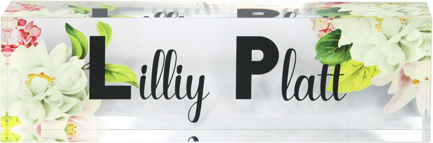 Infusion Personalized Office Desk Name Plate Acrylic Glass Block (10 x 3 x 1.25", Clear with Flowers)