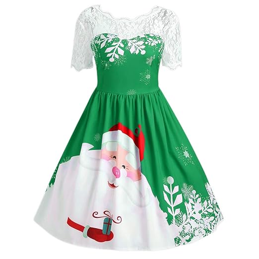 KPILP A-Linie Kleid Damen Prinzessinenkleid Vintage Elegante Spitze Langarm Print Weihnachtsfeier Porm Swing Kleid