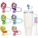 6Pcs 10mm Curly Haired Mermaid Straw Cover for Stanley Cup,Dust-Proof Straw Topper for 30&40 oz Tumblers and Water Bottles,Reusable Tumbler Cup Accessories for Stanley,Funny Gifts for Women & Girls