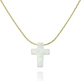 Tooliks Opal Cross Choker Necklace – Thin Chain, Gold Filled or Silver, Blue or White, 13.5–16.5”