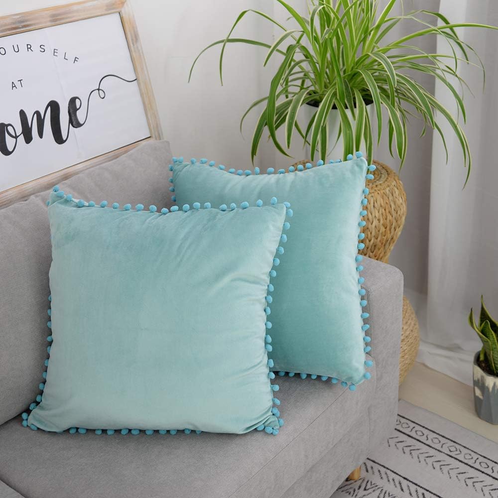 AENEY Decorative Pom-Poms Throw Pillow Covers 18x18 for Sofa Bed Couch Velvet Soft Soild Throw Pillows Cushion Cover Set of 2 Teal A216