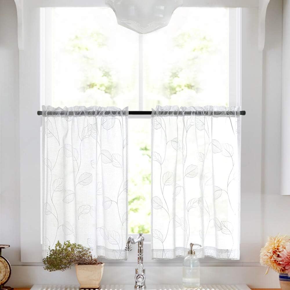 Topick White Sheer Tiers with Leaf Embroidered Design Curtains for Bathroom Rod Pocket Small Window Curtain for Kitchen 24 inch 2 Panels