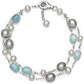 Belacqua Milky Blue Aquamarine and Pearls Chain Station Tin Cup Bracelet in Sterling Silver, Length- 7.5 Inches, Real Pearl Jewelry for Women, Gift Box Included
