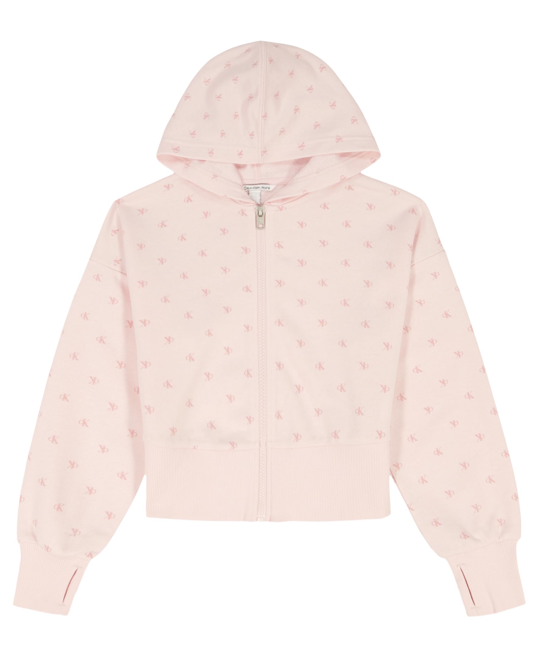 Calvin Klein Girls’ Long Sleeve Full Zip Fleece Hoodie Sweatshirt, Flocked Pearl, 12-14