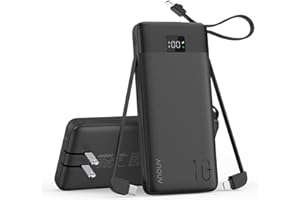 ANOUV Portable Charger with Built-in Cables&AC Wall Plug,10000mAh Power Bank,PD 22.5W USB-C Fast Charging External Battery Pack with LED Display Compatible with iPhones and All Smart Device（1 Pack）