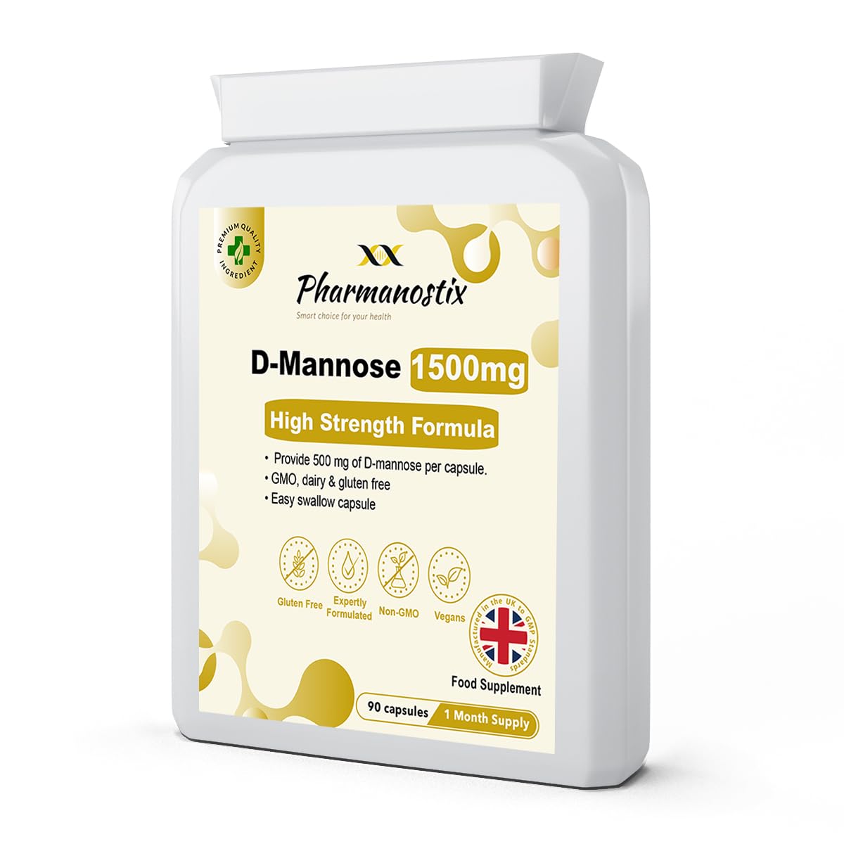 Pharmanostix D-Mannose 500mg Per Capsule – High Strength Daily Serving (1500mg) – 90 Vegan Friendly Capsules (Not Tablets) – 100% Natural Premium D Mannose – Suitable for Vegans – Made in The UK
