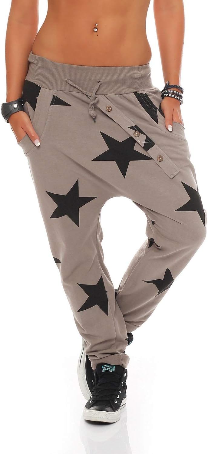 ZARMEXX Ladies Sweatpants Baggy Boyfriend with button facing Leisure Pants Jogging Pants Cotton Trackies Yogapants Jogger Loose fit Big Star One Size