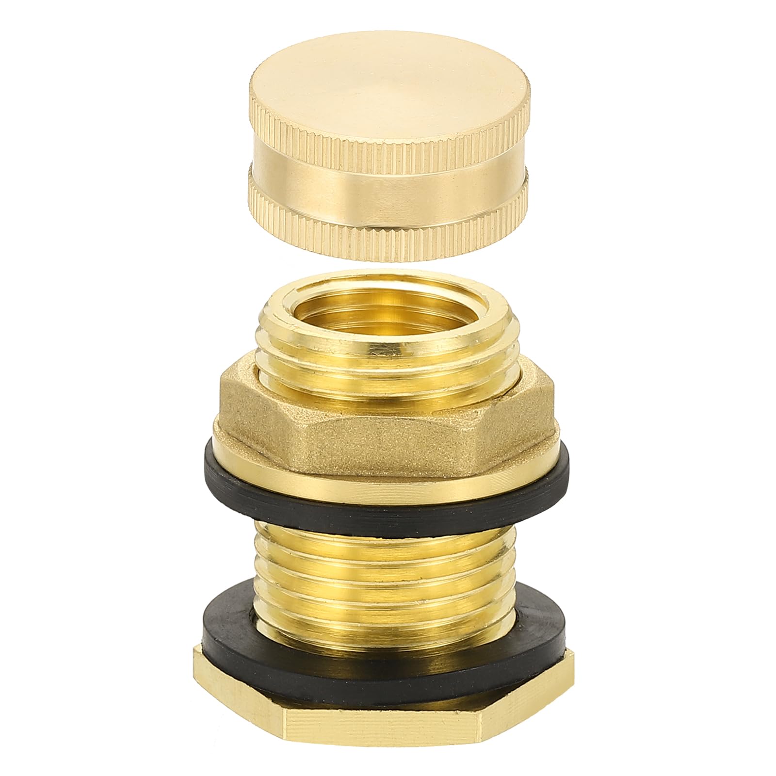PATIKIL Brass Bulkhead Fitting with Plug 1/2" NPT Female x 3/4" GHT Male, Garden Hose Threaded Double Threaded Bulkhead Water Tank Connector for Rain Bucket, Sinks, Aquariums