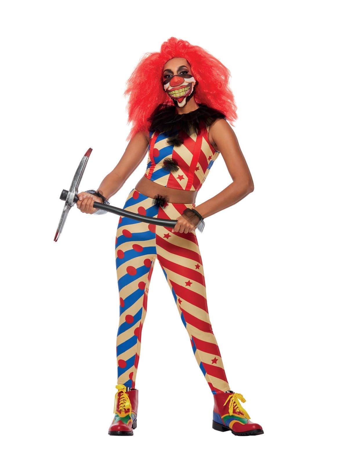 Smiffys Creepy Clown Costume, Red & Blue Top, Trousers, Mask & Frills, Halloween Adult Fancy Dress, Clown Dress Up Costumes