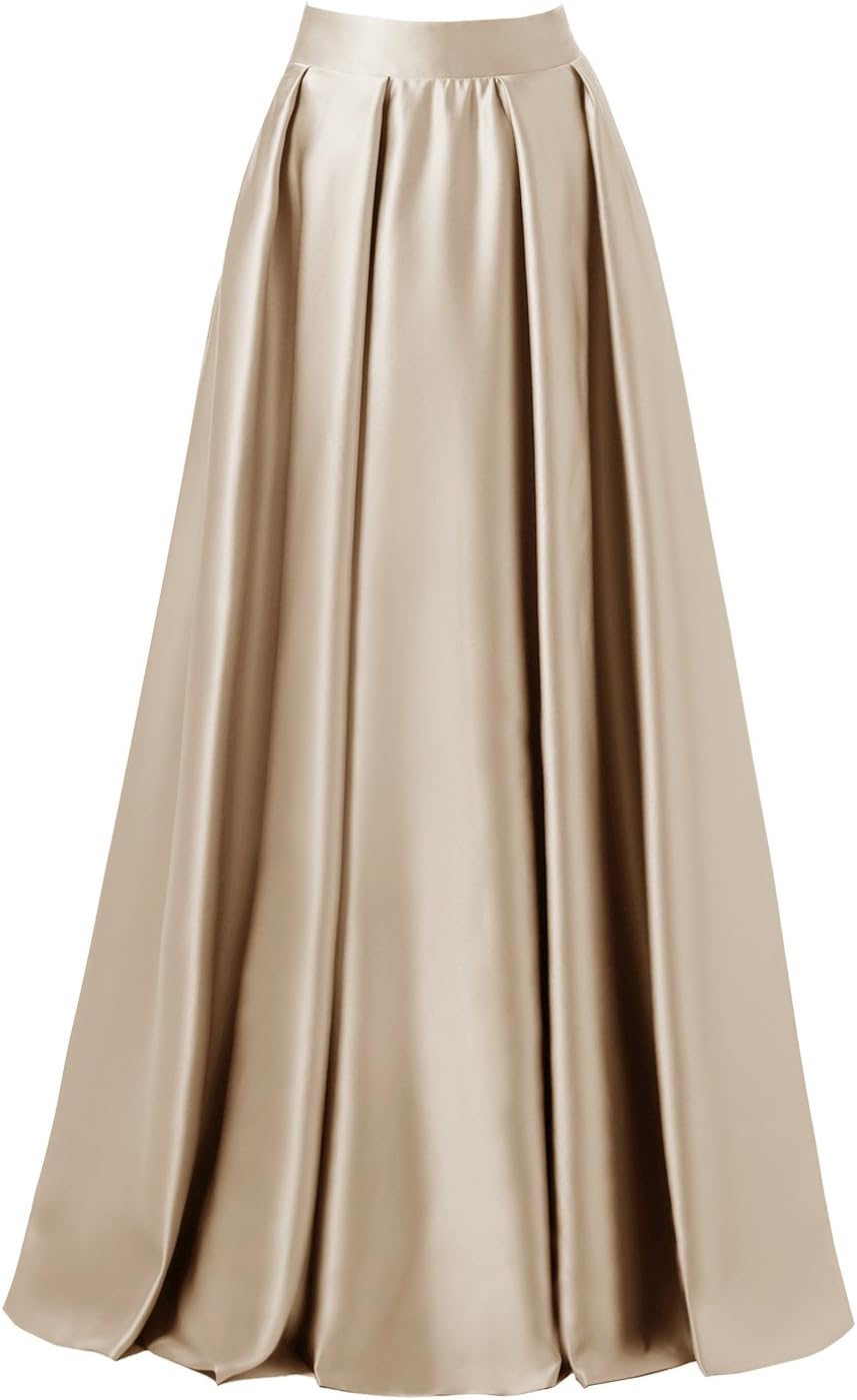 emondora Women High Waist Elastic Satin Flared Swing Maxi Skirt Pleat Prom Gown