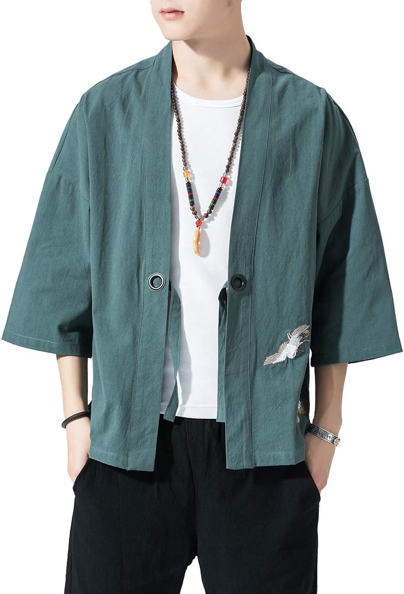 BLFGNCOB Men's Kimono Cardigan Coat Embroidery Solid Colour Three Quarter Sleeve Loose Yukata Drawstring Closure
