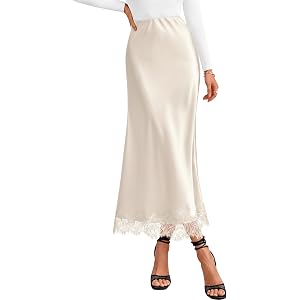 ZESICA Women's Lace Satin Maxi Skirts Business Casual | High Waisted, Lace Trim, Hidden Elasticized Waistband, Fall Fashion 2