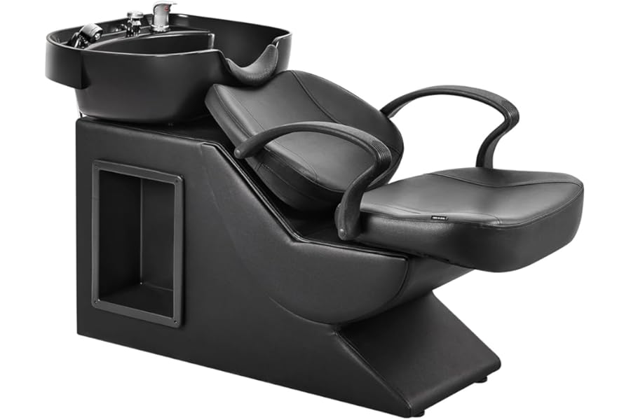 IJIALIFE Shampoo Bowl and Chair Set for Salon, Hair Washing Station for Hair Stylist, ABS Shampoo Bowl Sink Chair with Side Store Compartment for Spa Beauty Barbershop, Black