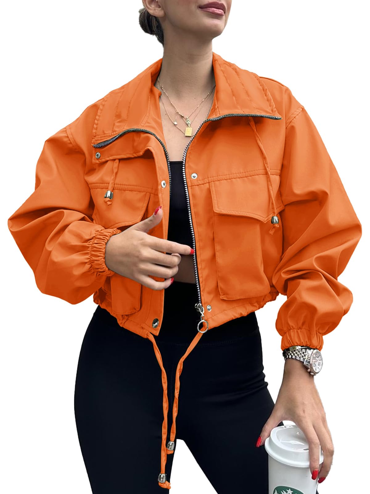 Tankaneo Womens Cropped Jacket Zip Up Lightweight