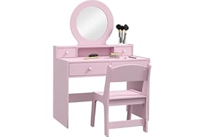 Qaba Kids Vanity Set, Children Dressing Table with Mirror, Kids Makeup Table with Stool and Storage Drawers, for Ages 3-8, Pi