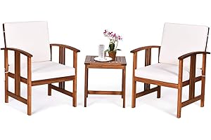 Tangkula 3 Pieces Patio Furniture Set, Includes Set of 2 Outdoor Acacia Wood Cushioned Chairs and Coffee Table, for Garden, Backyard, Poolside, Bistro and Deck, Patio Conversation Chat Set (White)