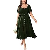 CICIDUDU Plus Size Casual Maxi Dresses for Curvy Women Short Sleeve Empire Waist Smocked Wedding Guest Dress Button Down
