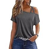 Criss-Cross Cold Shoulder Tops Shirt Women Sexy One Sided Shoulder Blouse Tee Casual Loose Vacation Tunics Top