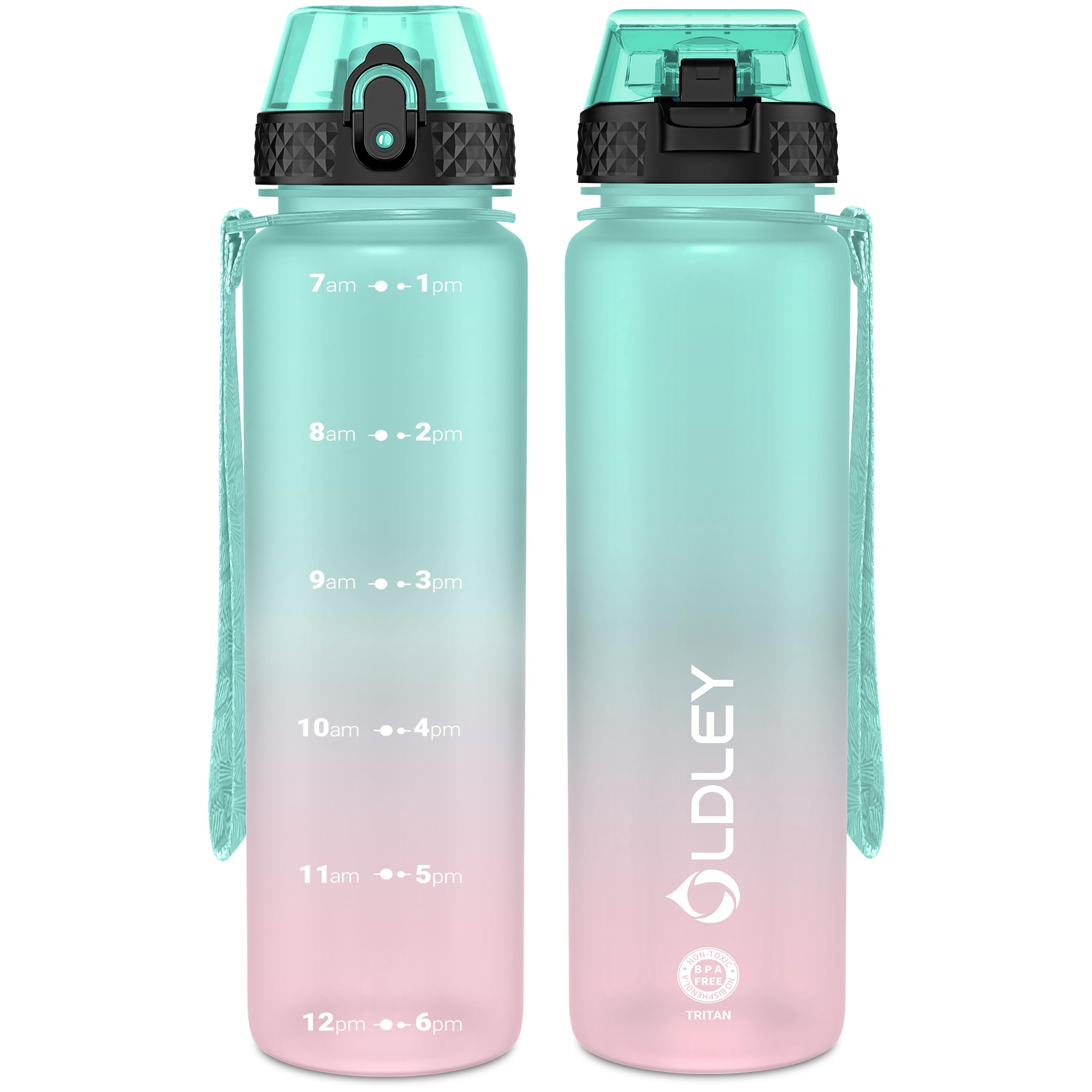 OLDLEY 1L/32oz Sports Water Bottle with Straw, 1000ml Motivational Bpa free Drinks Bottle with Time Markings Leak Proof Drink & Lock Cover, Reusable Bottle for Sport Cycling Gym Hiking — image 1