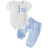 Amiblvowa 0 3 6 12 18 Months Baby Boy Summer Clothes Basic Romper Plaid Pant Set Newborn Infant Going Coming Home Outfits