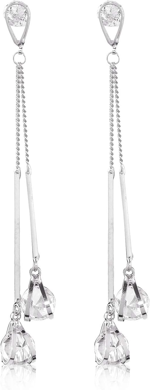 CZ Linear Drop Earrings - Long Sterling Silver Chain with Swarovski Crystal Cubic Zirconia Rhinestone Tassel Strand Bridal Threader Earring for Women Girls Wedding Party Prom