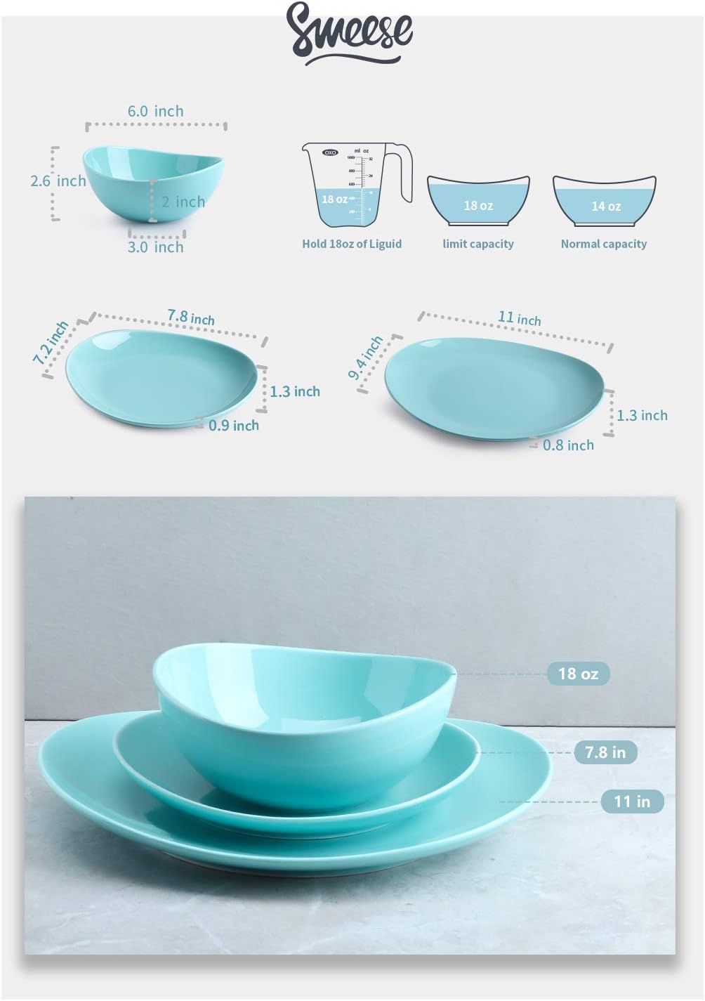  | Sweese 198.003 Porcelain Dinnerware Set, 18-Piece, Service for 6, Cool Assorted Colors: Dinnerware Sets