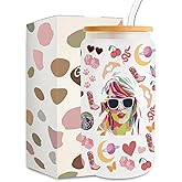 Music Lovers Gifts for Women Fans, Singer Inspired Iced Coffee Cup, Singer’s Merchandise, 16oz Glass Cup with Lid and Straws, Birthday Christmas Gifts for Women Teen Girls Friends Sister Her