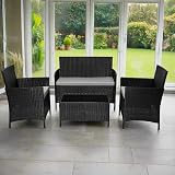 EVRE Black Rattan Garden Furniture Set 4 Seater with Cushions Glass Table view 2