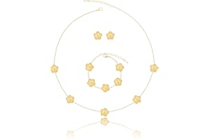 Qinpan Four Leaf Clover Necklace Bracelet and Stud Set for Women Lucky Flower Gold Plated Jewelry