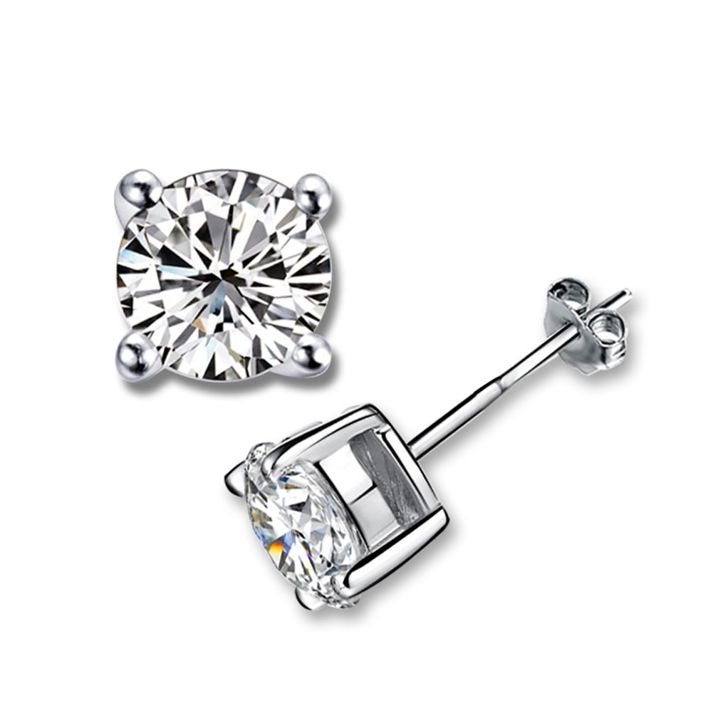 Platinum Plated Round Cubic Zirconia Simple Stud Diamond Earrings for Sensitive Ear,Come with Back