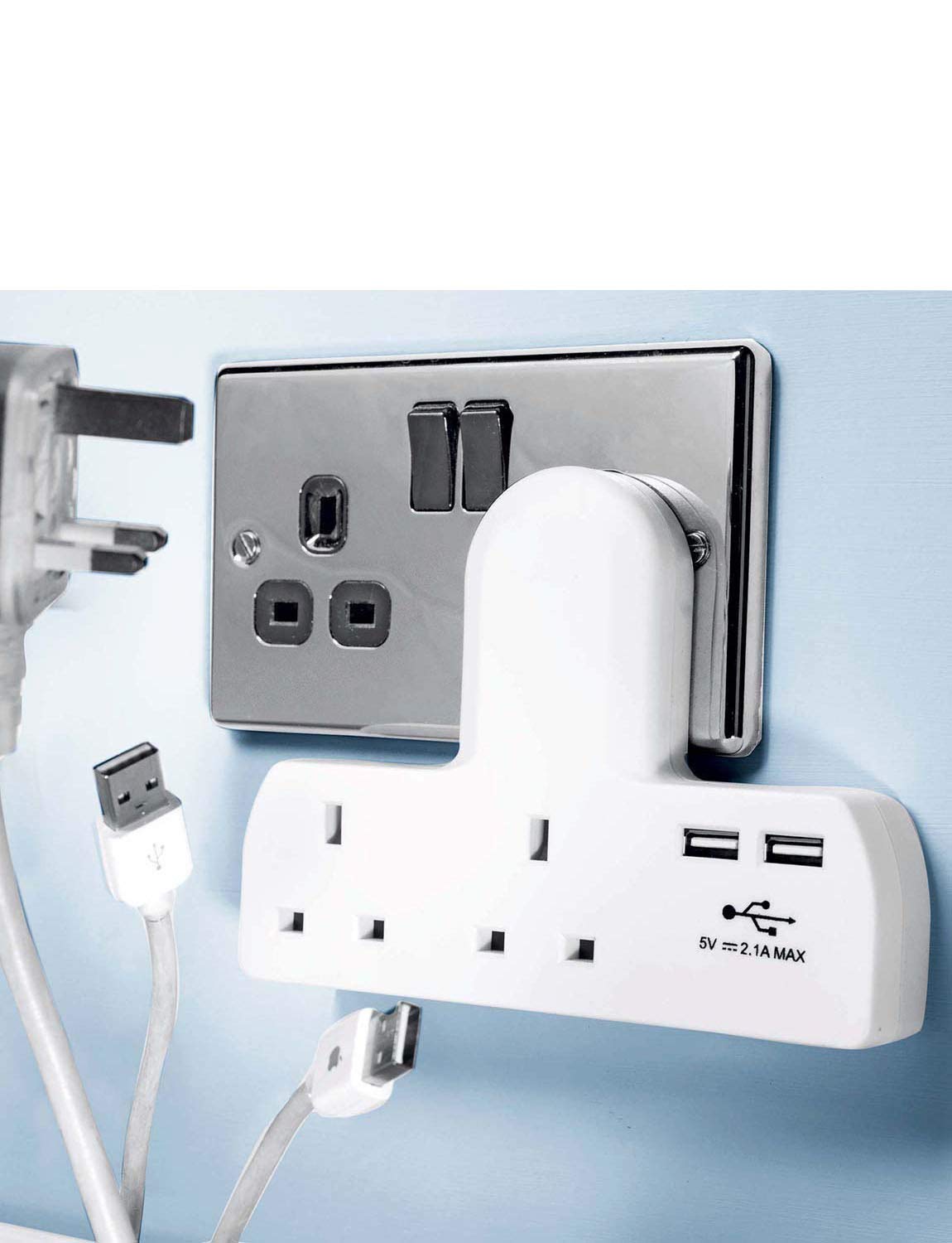 STATUS USB Multi Plug Adapter, Double Port USB Power Adapter White, Double UK Plug Adapter, Cable Free Multi Plug, S2W2USBCFS6