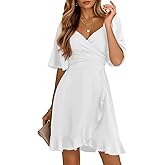 Dokotoo Women's Wrap V Neck Short Flared Sleeve Wedding Guest Dress Smocked Elastic Waist Tiered Belted Ruffle Hem Mini Dress