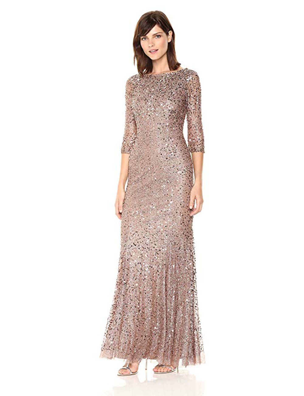 Adrianna Papell Women's Long Sleeve Beaded Dress, Antique Rosegold, 14