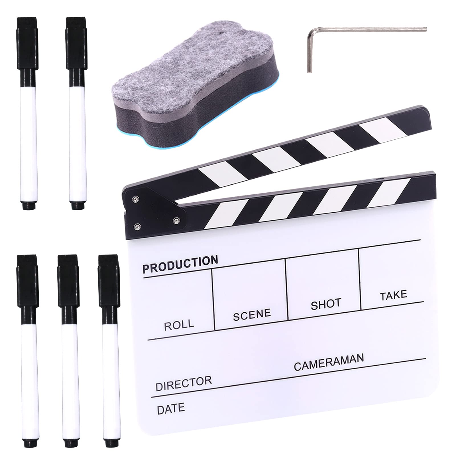 Swpeet 8Pcs 10"x12" Black Acrylic Film Movie Directors Clapboard Kit, 1Pcs Magnetic Blackboard Eraser, 1Pcs M3 Hex Wrench and 5Pcs Pens Dry Erase Director Clapper Coating Board Slate